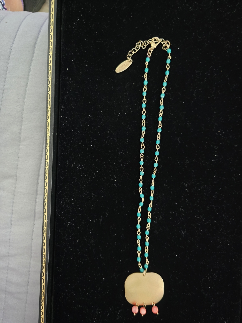 Gold Pendant Necklace with Turquoise Beaded Chain and Coral Accents